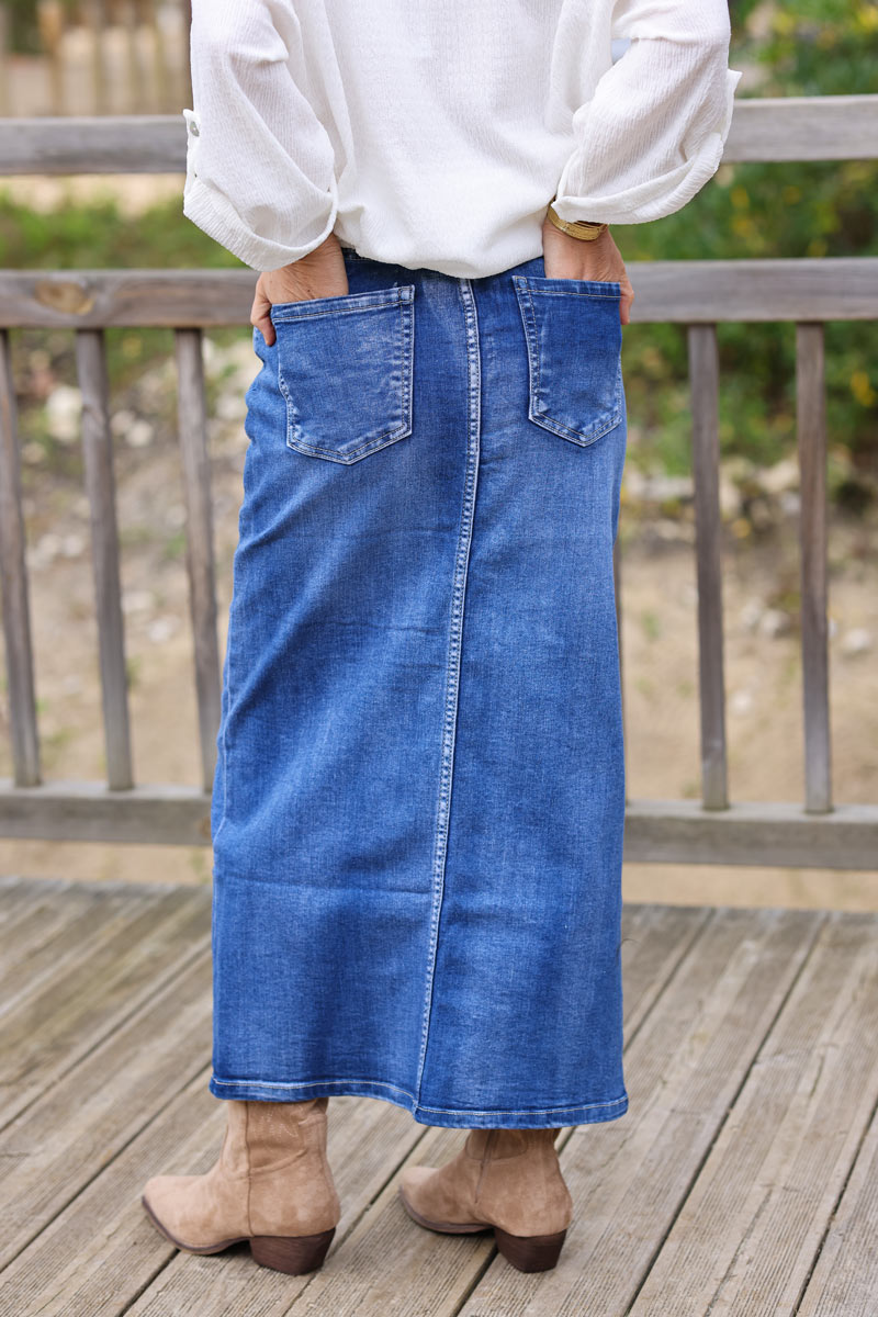 Mid washed denim maxi skirt with front slit