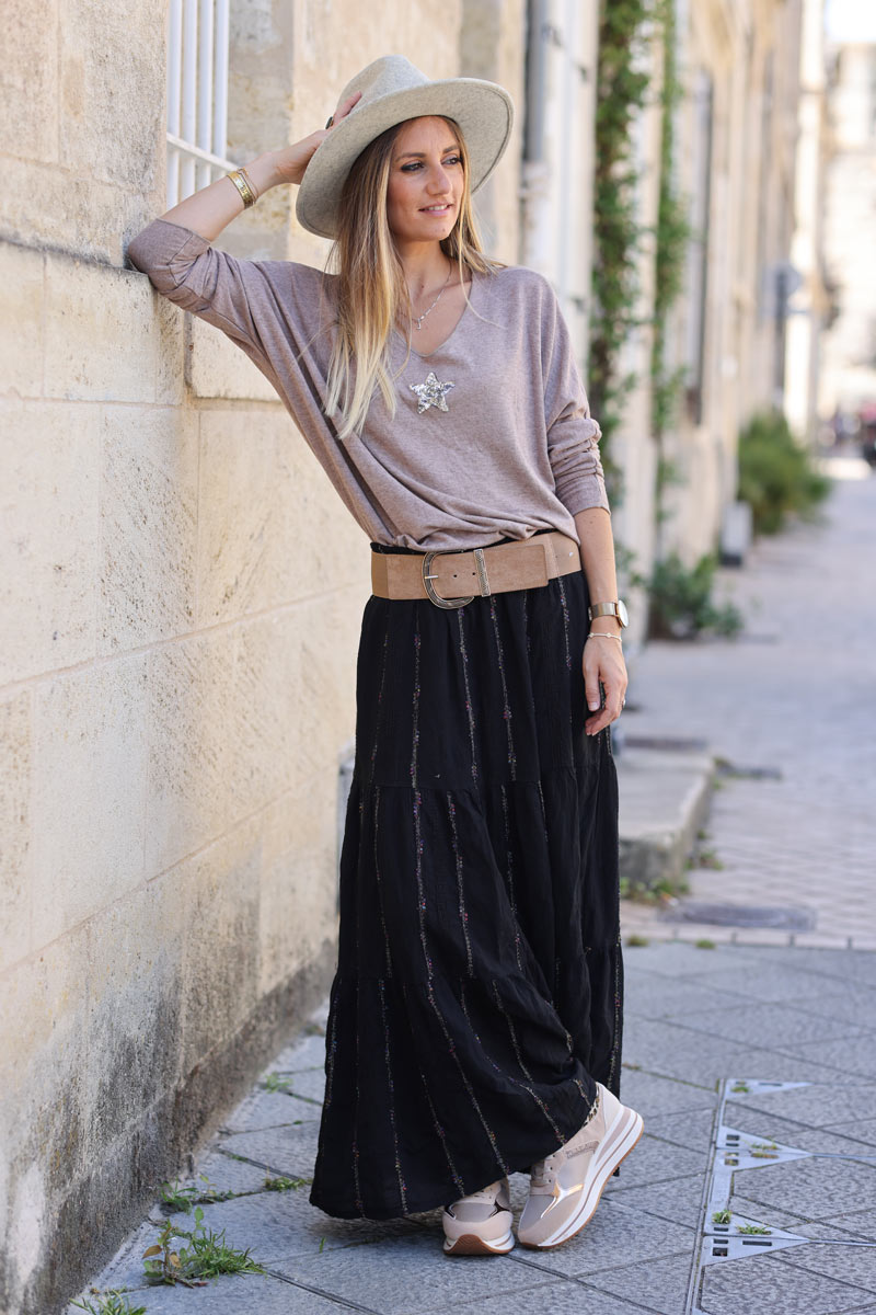 Black tiered maxi skirt glitter and multicoloured stitching