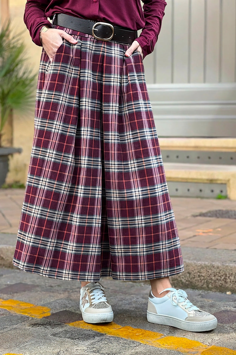 Jupe longue en flanelle imprimé carreaux écossais prune