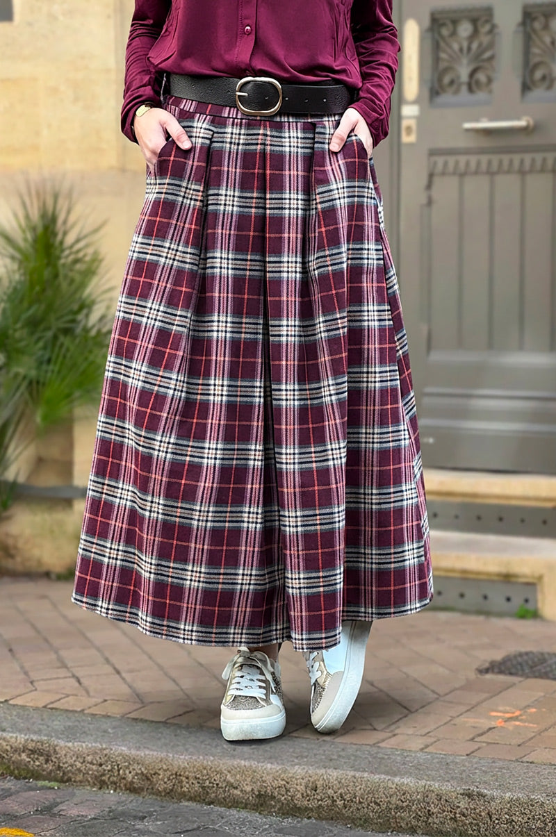Jupe longue en flanelle imprimé carreaux écossais prune
