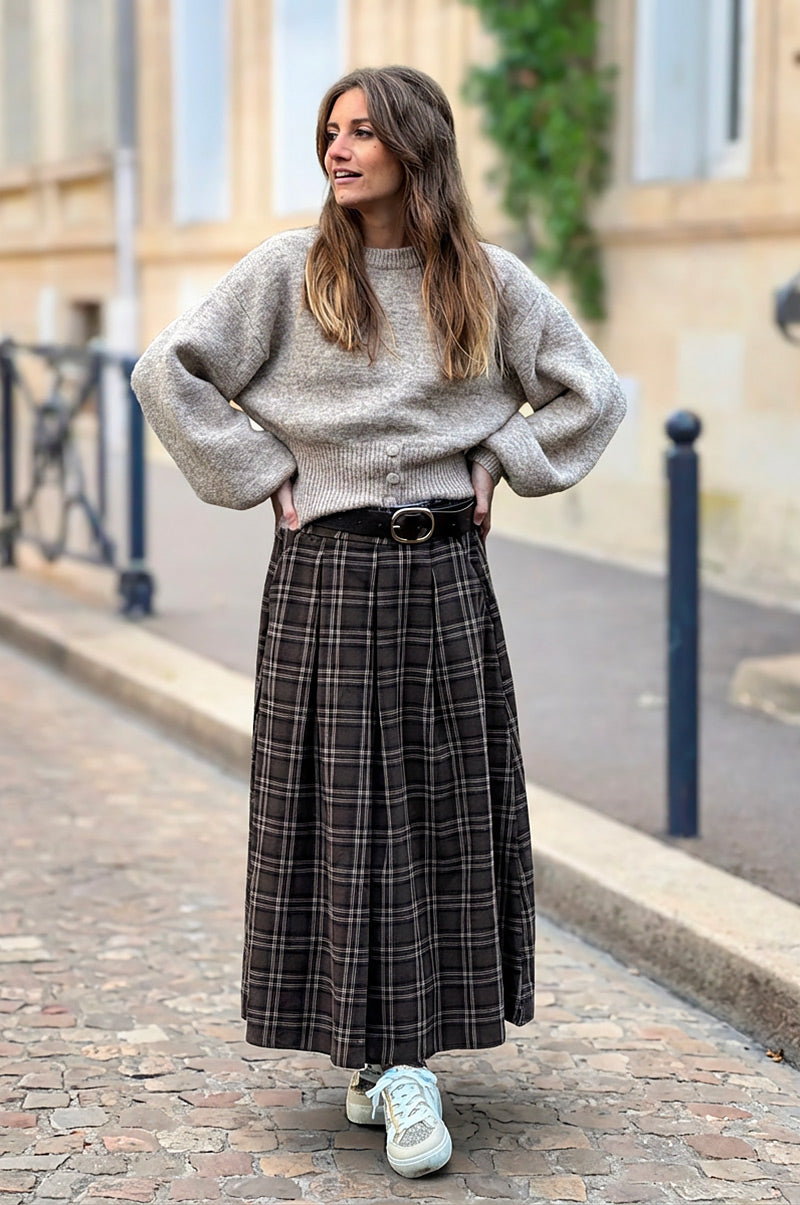 Jupe longue en flanelle imprimé carreaux tartan marron