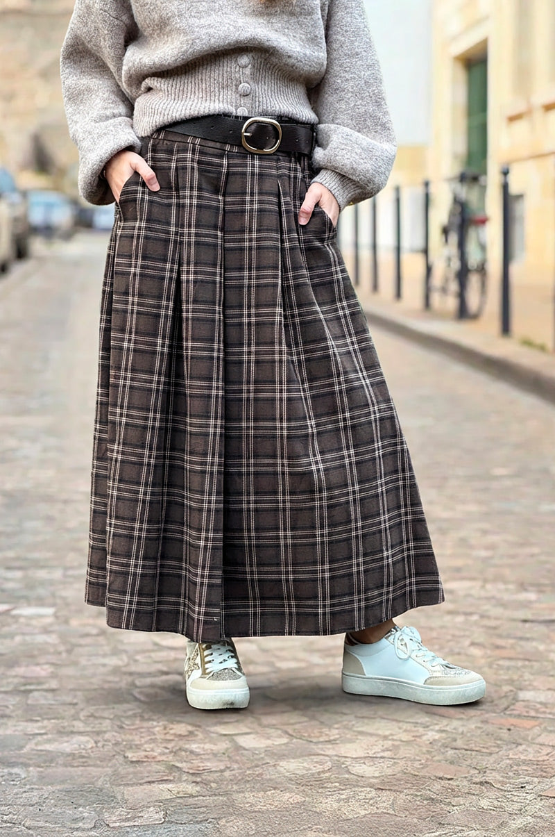 Jupe longue en flanelle imprimé carreaux tartan marron