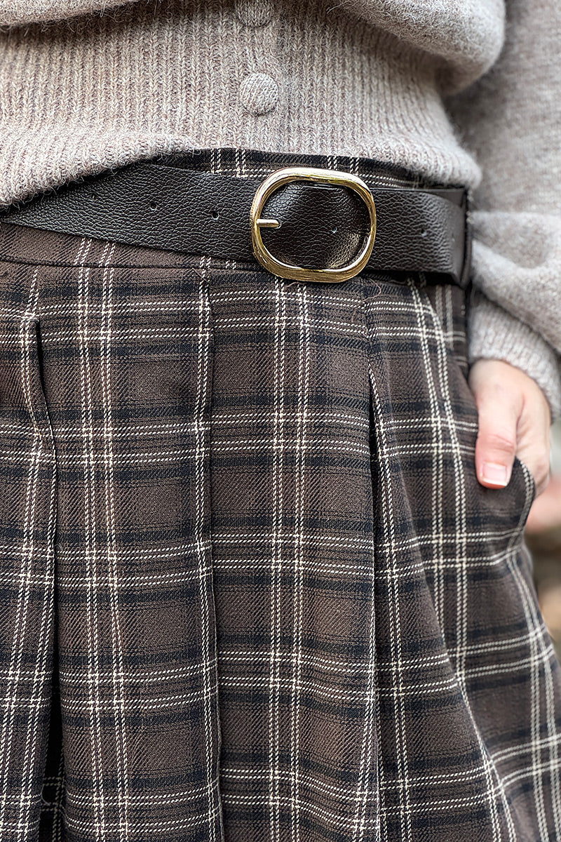 Jupe longue en flanelle imprimé carreaux tartan marron