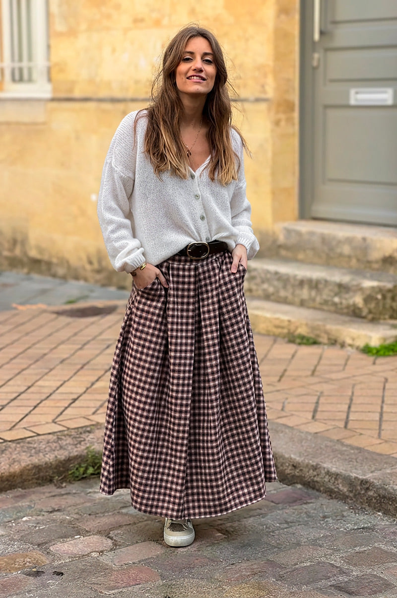 Jupe longue en flanelle imprimé petits carreaux marron et terracotta