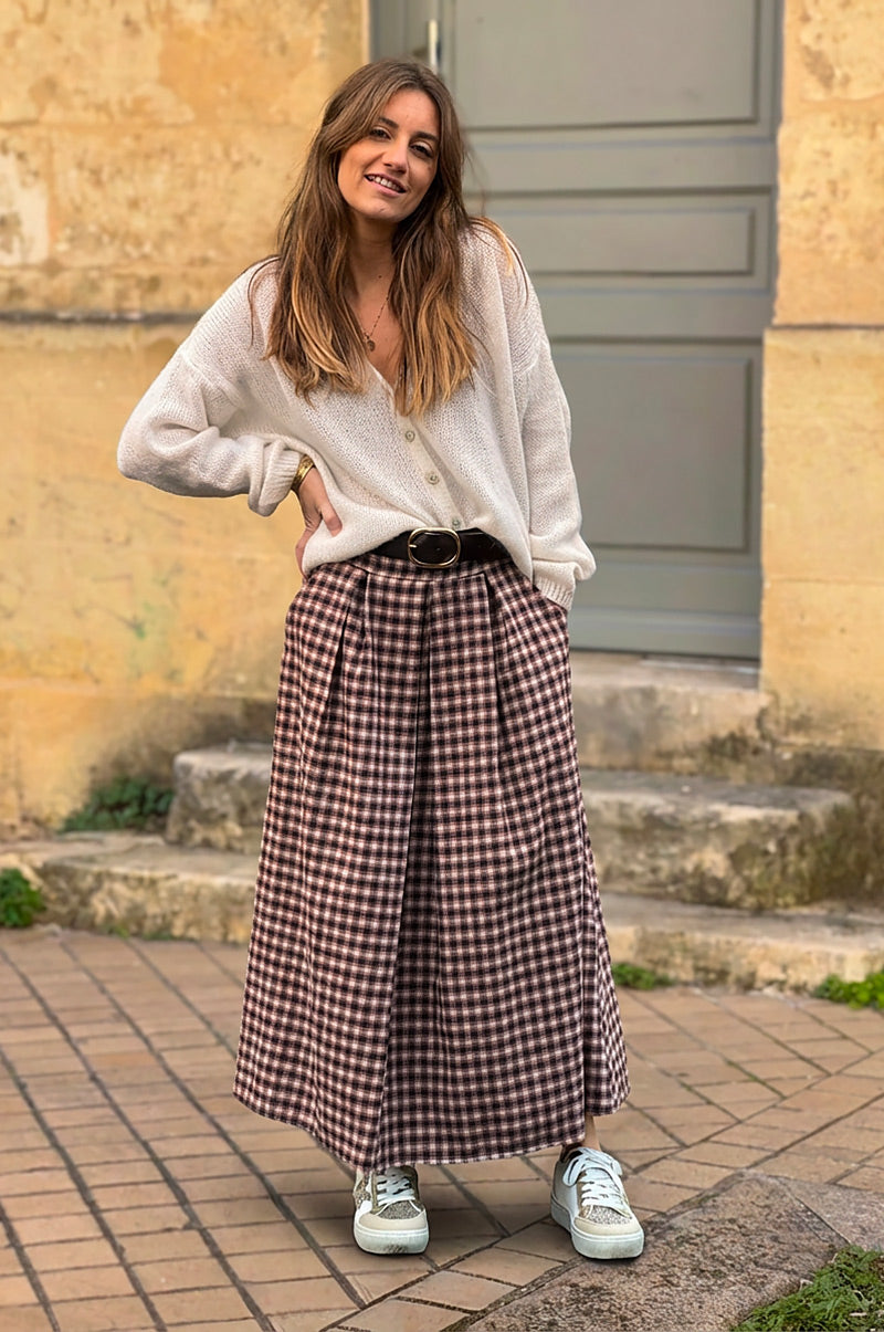 Jupe longue en flanelle imprimé petits carreaux marron et terracotta