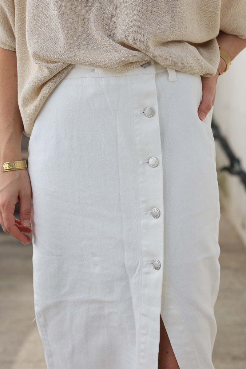 Off white denim maxi skirt with front buttoned slit