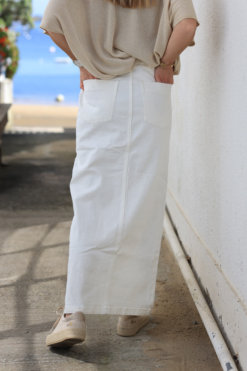 Off white denim maxi skirt with front buttoned slit - Horizons Lointains