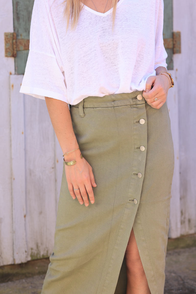 Khaki denim maxi skirt with front buttoned slit