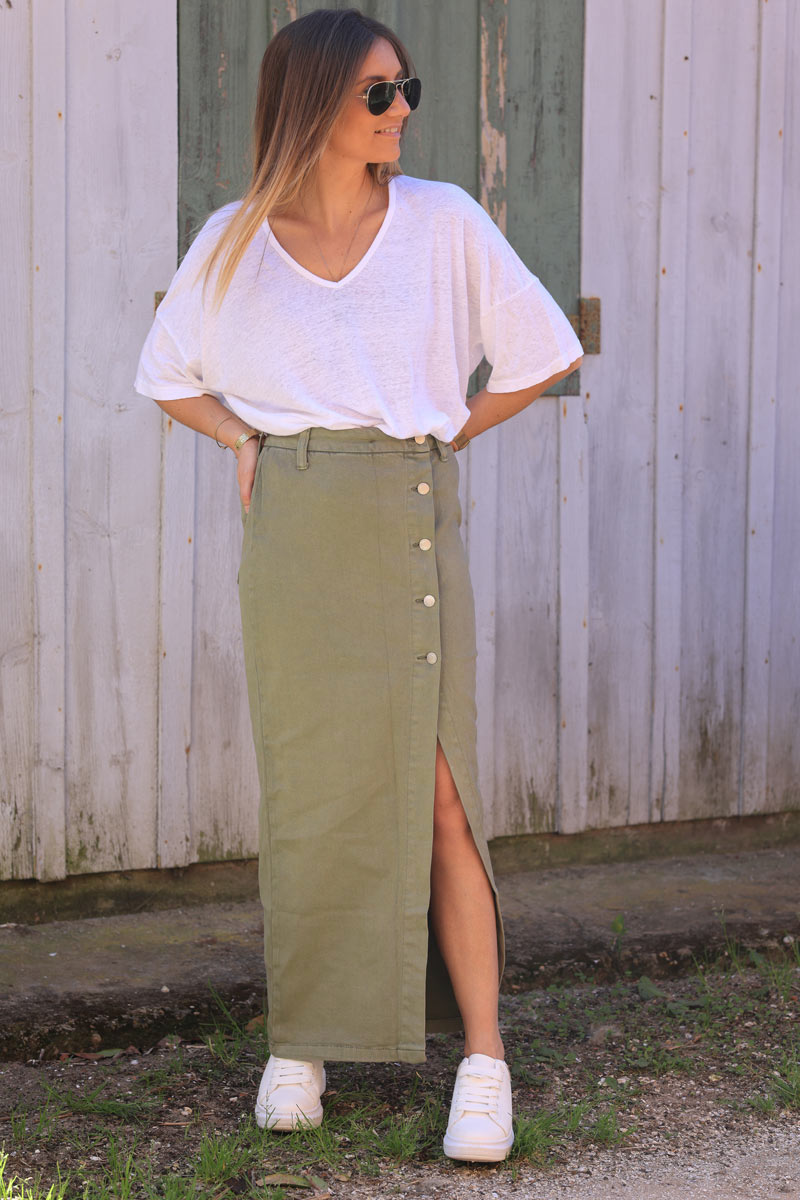 Khaki denim maxi skirt with front buttoned slit