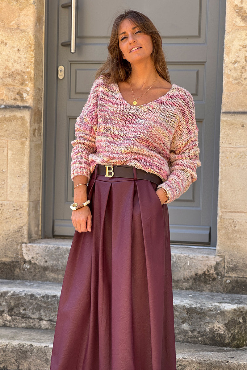 Jupe longue en simili cuir aubergine avec ceinture