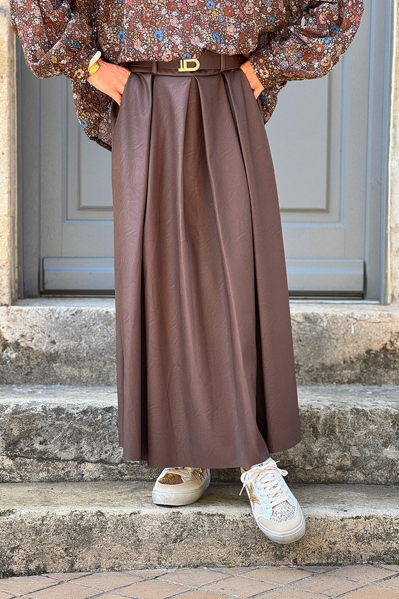  Chocolate Belted Leatherette Skirt
