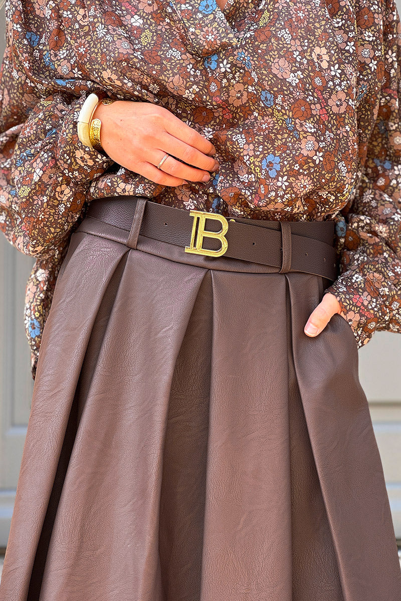 Jupe longue en simili cuir marron avec ceinture