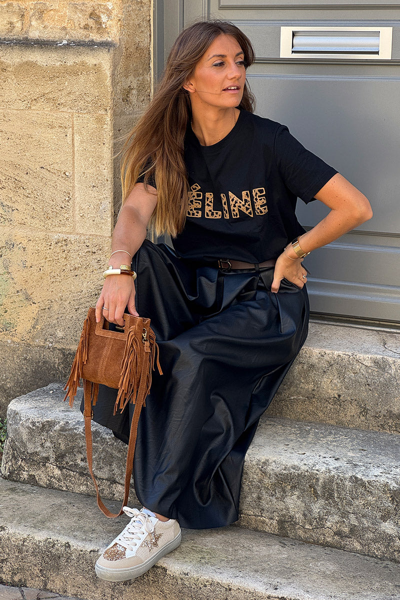 Jupe longue en simili cuir noir avec ceinture