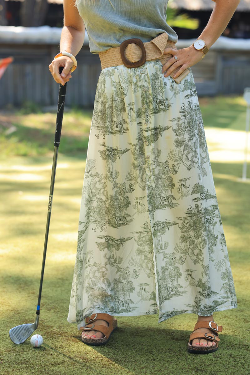 Falda fluida con aberturas y botones estampado toile de jouy caqui