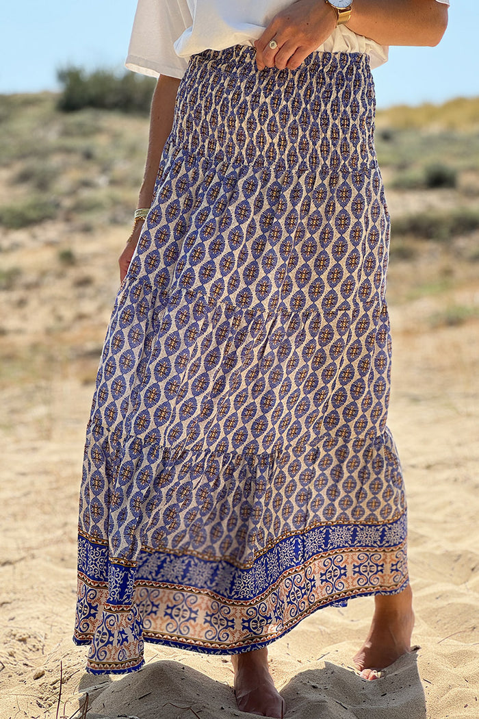 Jupe Longue et Fluide Style Boh?�me Imprim?� M?�daillons Ethniques Bleu roi Ceinture Smock?�e 