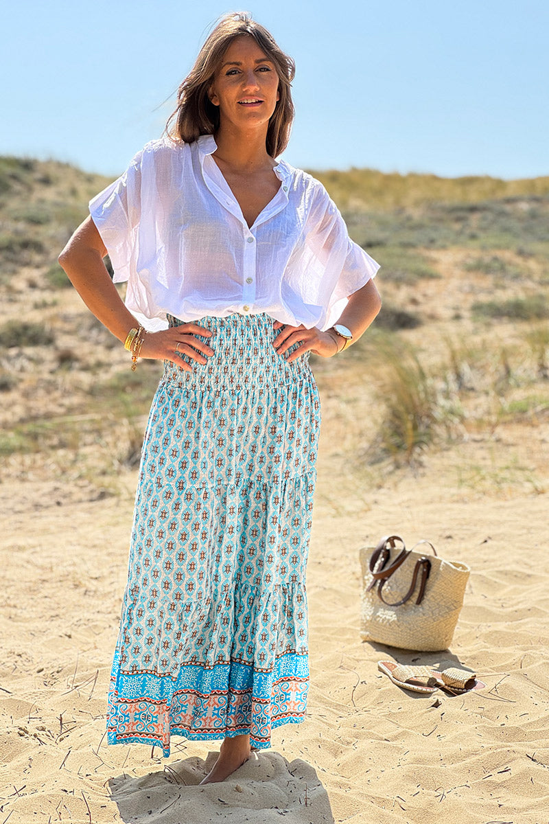 Turquoise Batik Print Boho Skirt
