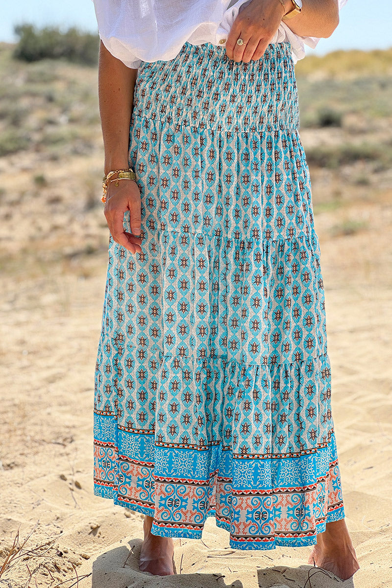 Turquoise Batik Print Boho Skirt

