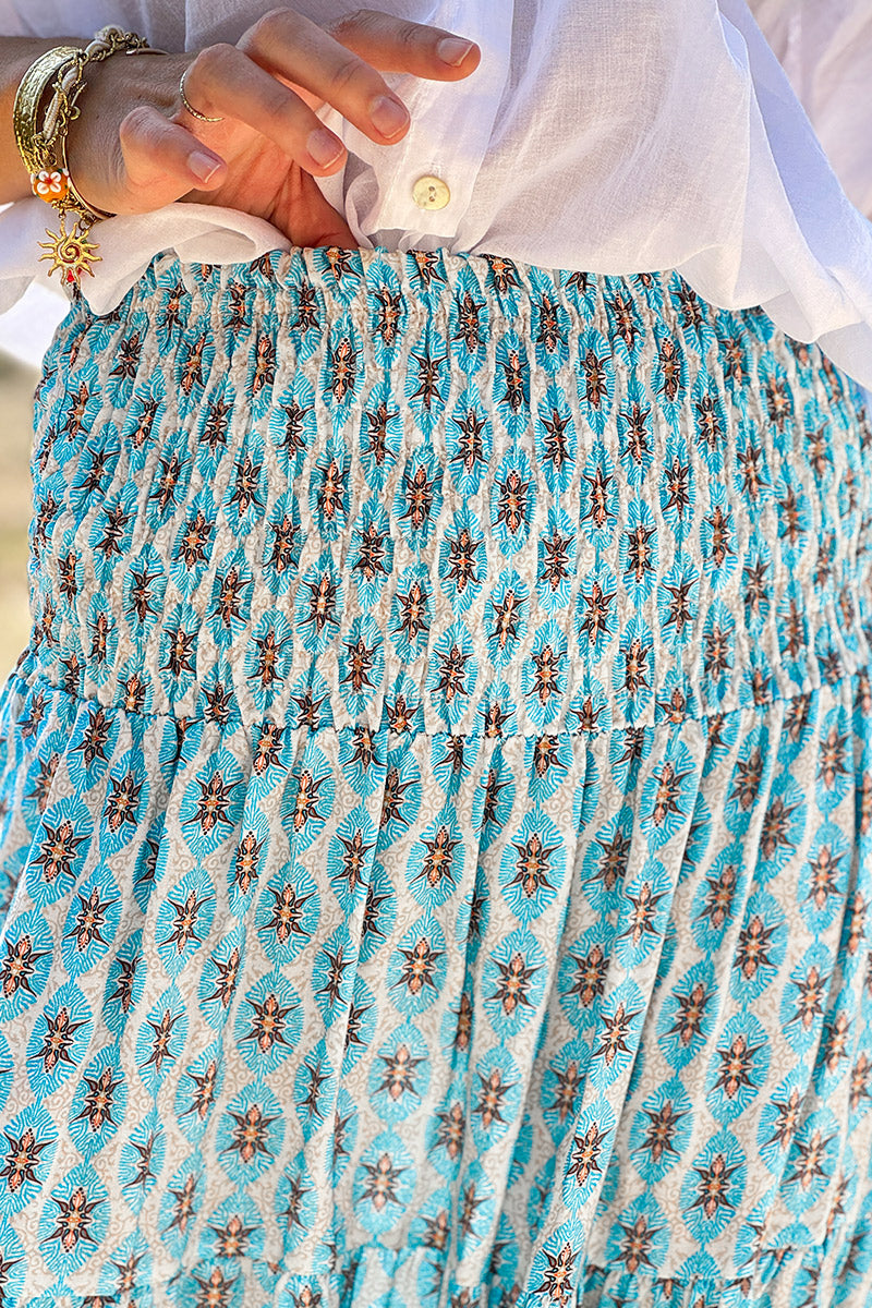 Turquoise Batik Print Boho Skirt
