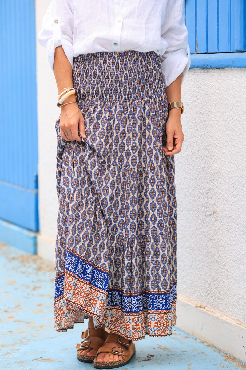 Floaty maxi skirt with blue oval ethnic print