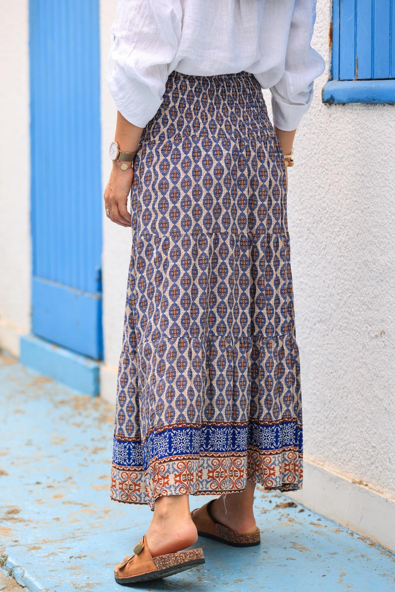 Floaty maxi skirt with blue oval ethnic print