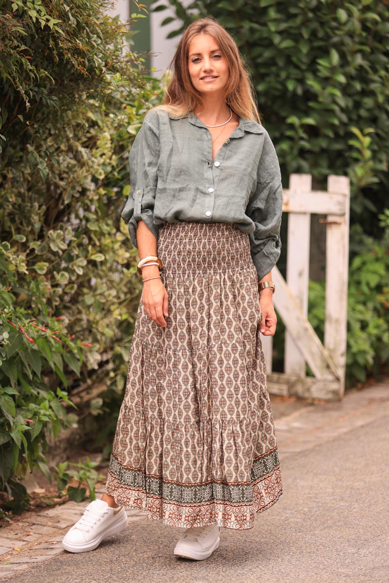 Floaty maxi skirt with khaki oval ethnic print