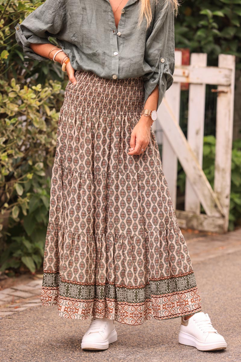 Floaty maxi skirt with khaki oval ethnic print