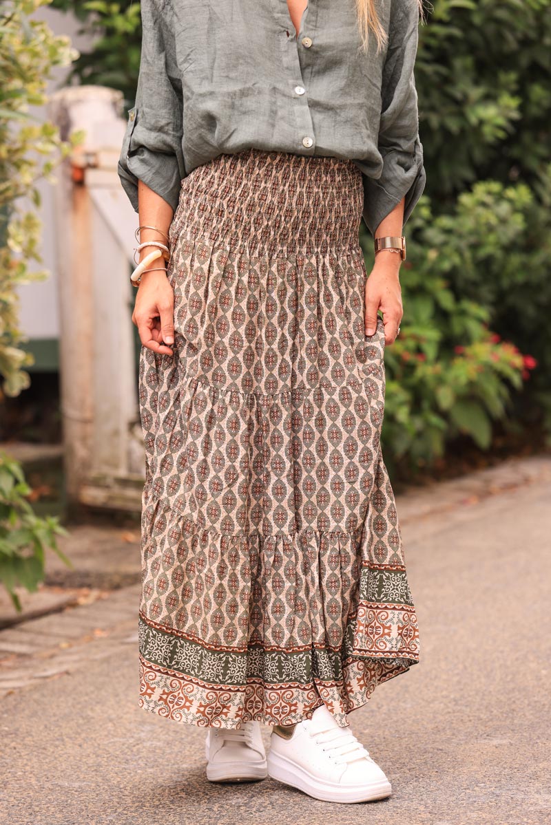 Floaty maxi skirt with khaki oval ethnic print