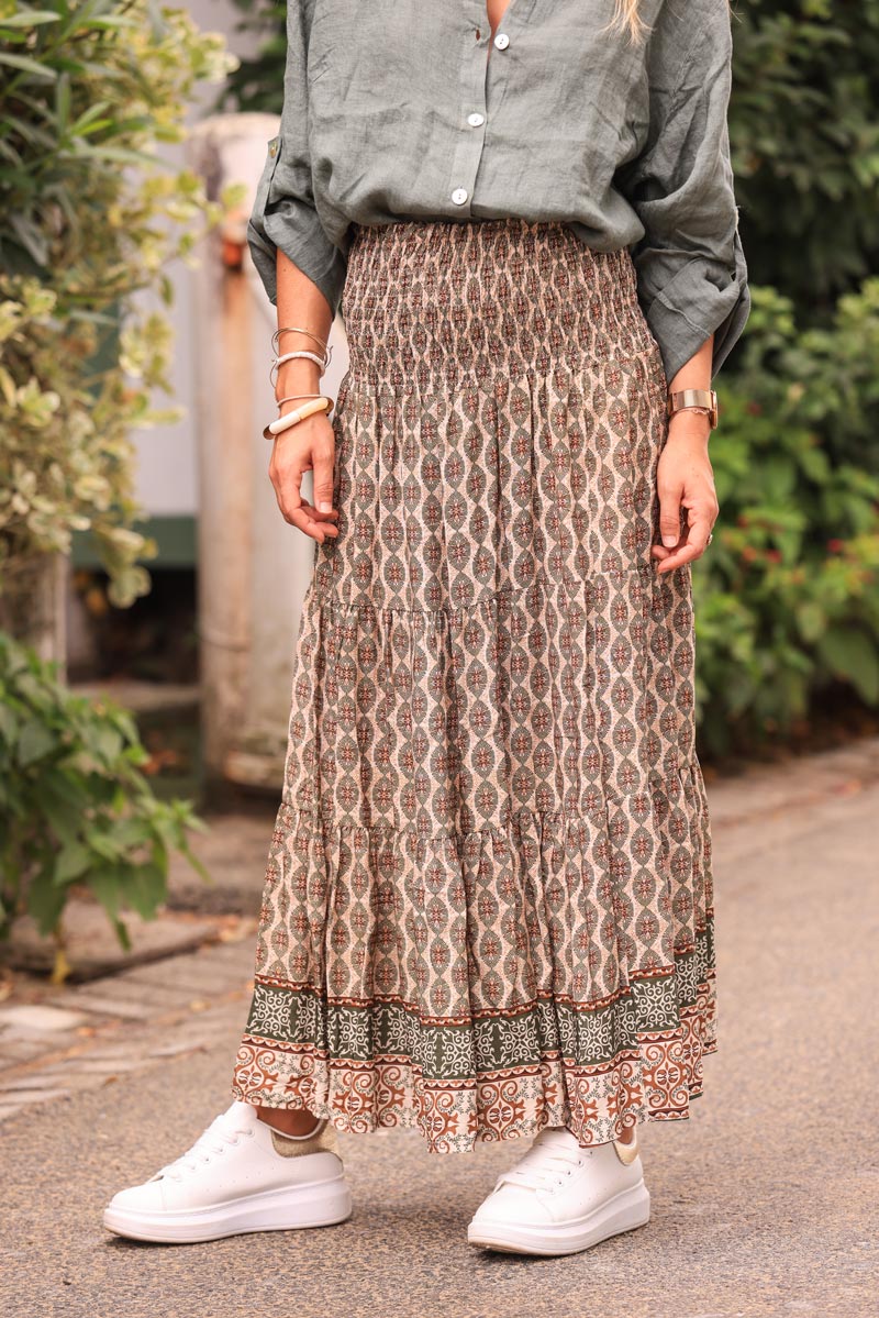 Floaty maxi skirt with khaki oval ethnic print