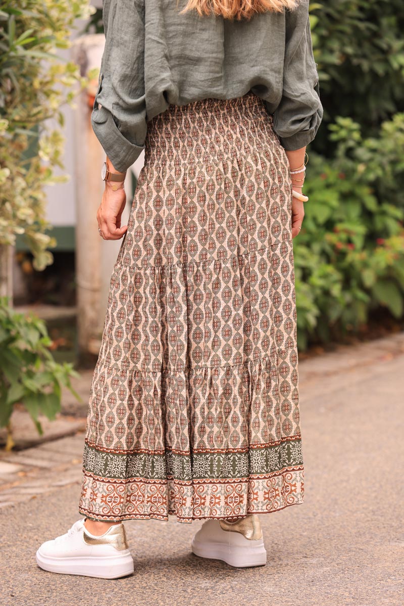 Floaty maxi skirt with khaki oval ethnic print