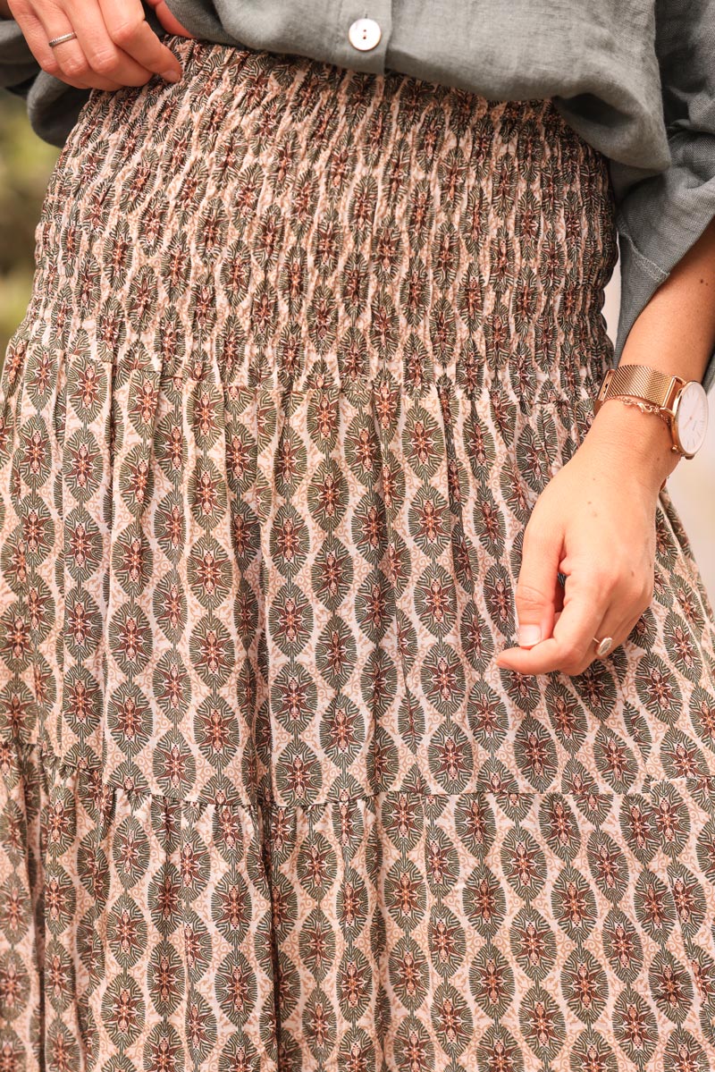 Floaty maxi skirt with khaki oval ethnic print