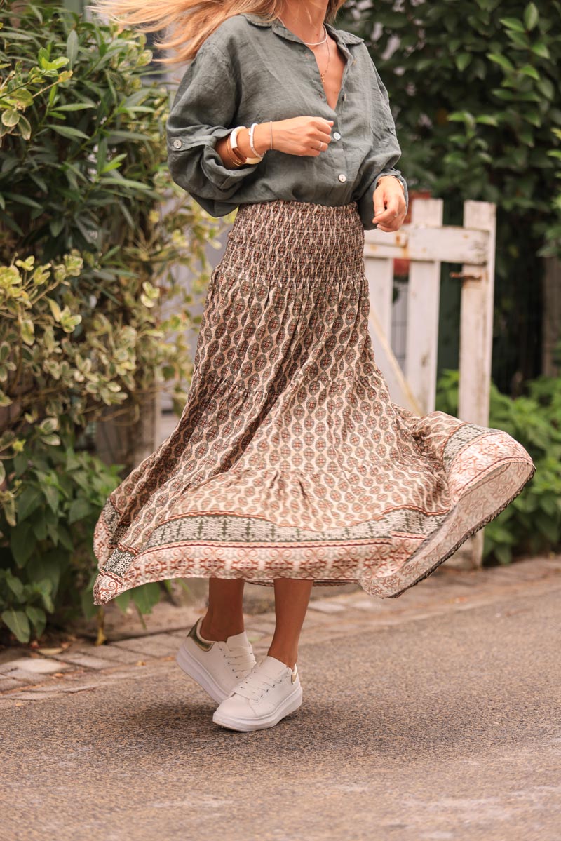 Floaty maxi skirt with khaki oval ethnic print