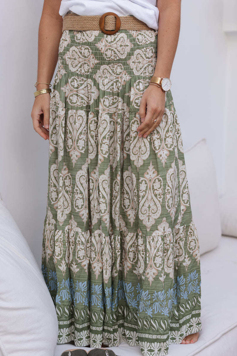 Khaki oriental style floaty tiered skirt with wooden raphia belt