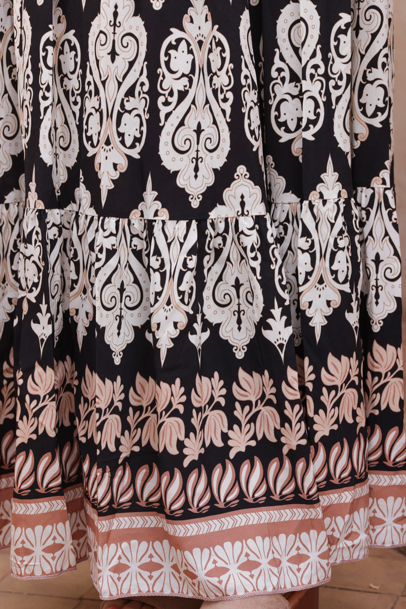 Black oriental style floaty tiered skirt with wooden raphia belt