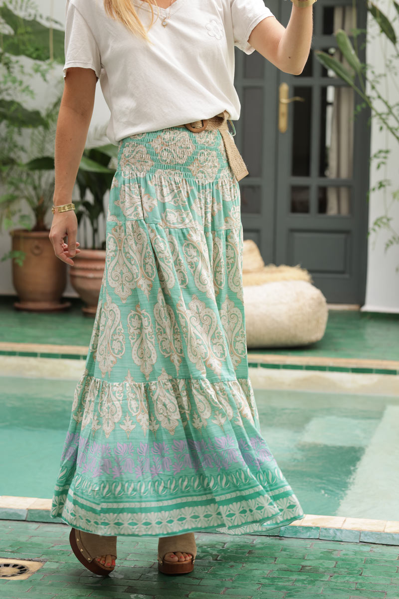Water green oriental style floaty tiered skirt with wooden raphia belt