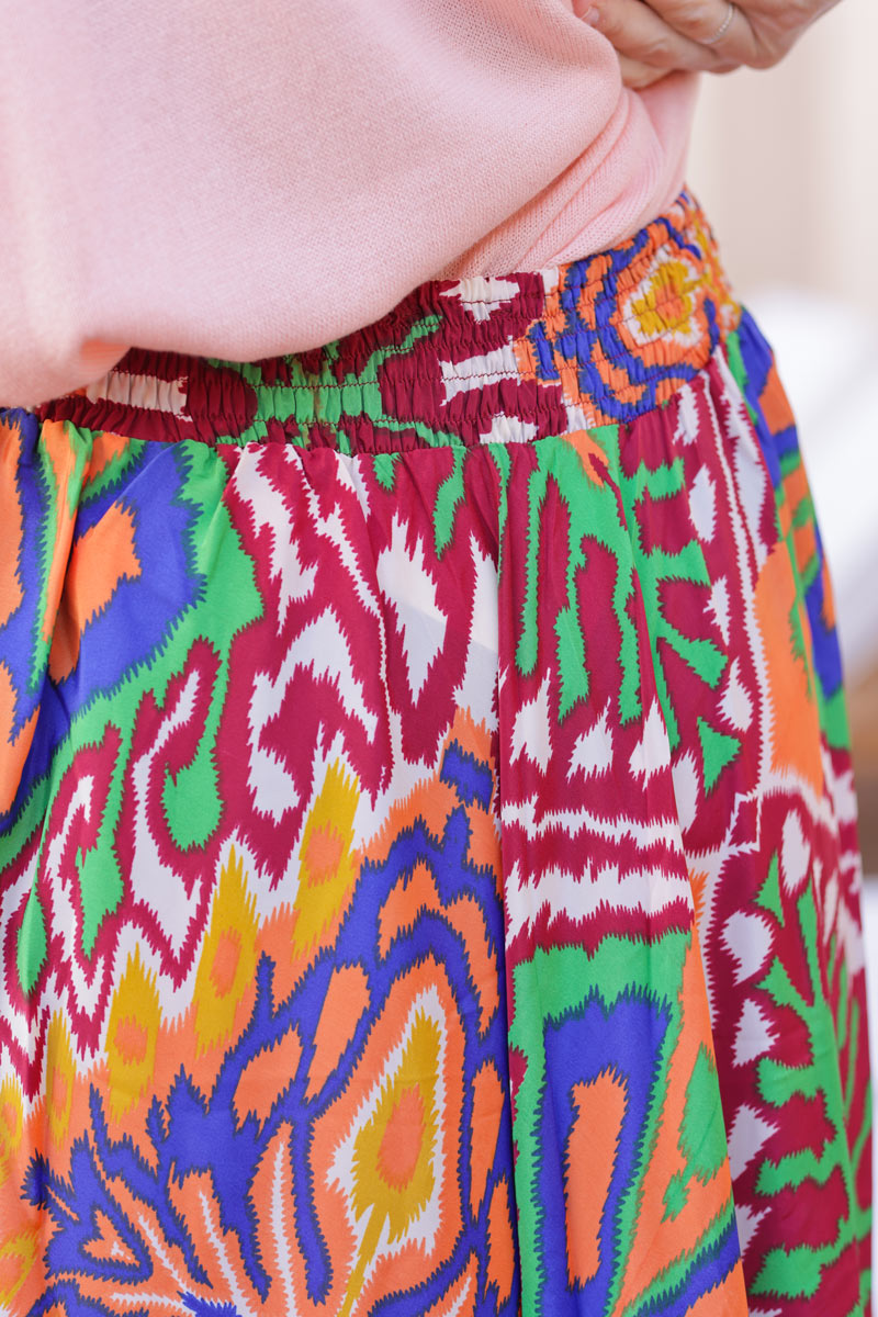 Colourful glitch print flare maxi skirt