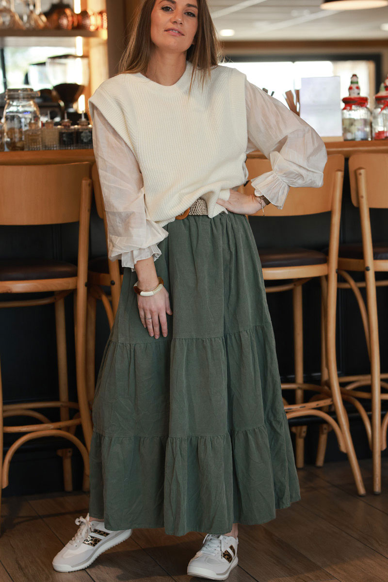 Olive Corduroy Tiered Skirt with Belt