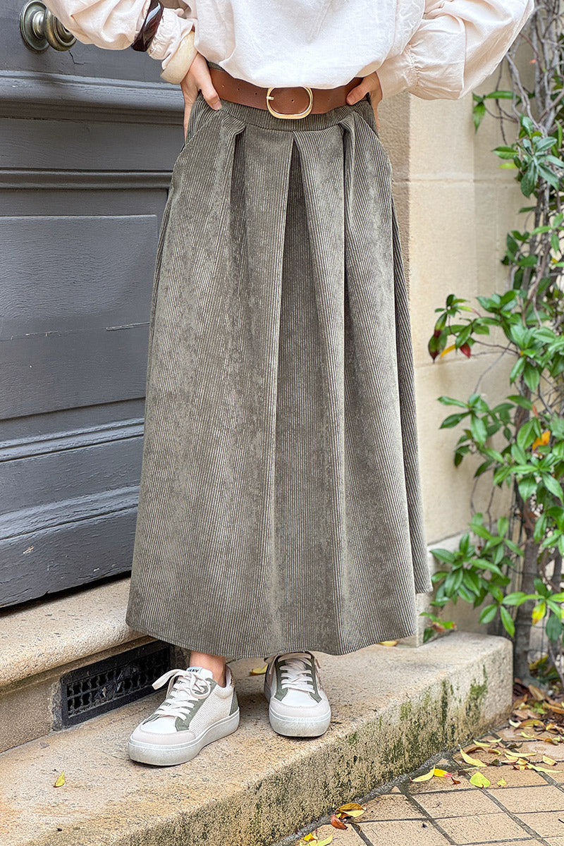 Olive Belted Corduroy Skirt