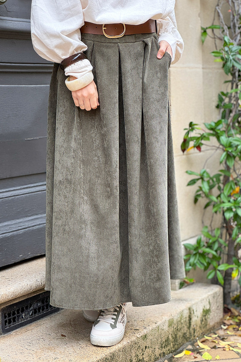 Olive Belted Corduroy Skirt