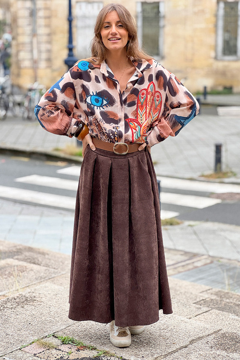 Chocolate Brown Belted Corduroy Skirt
