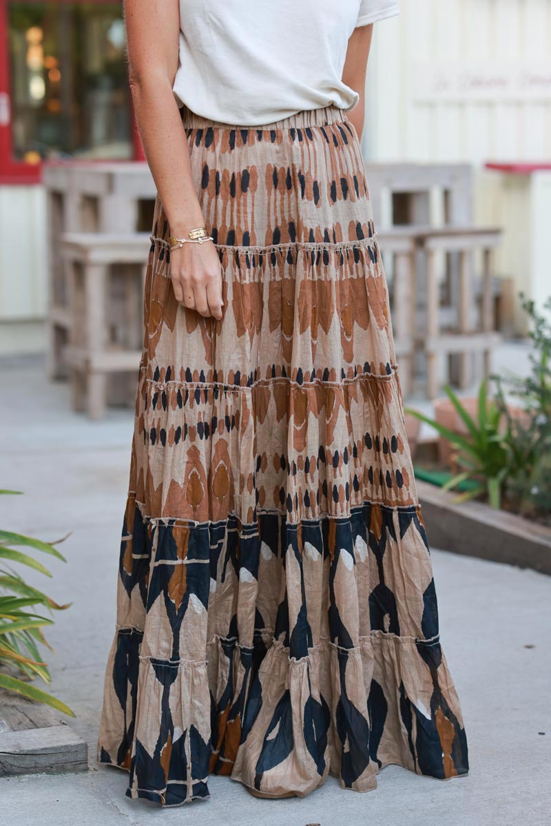 Brown Batik Cotton Maxi Skirt
