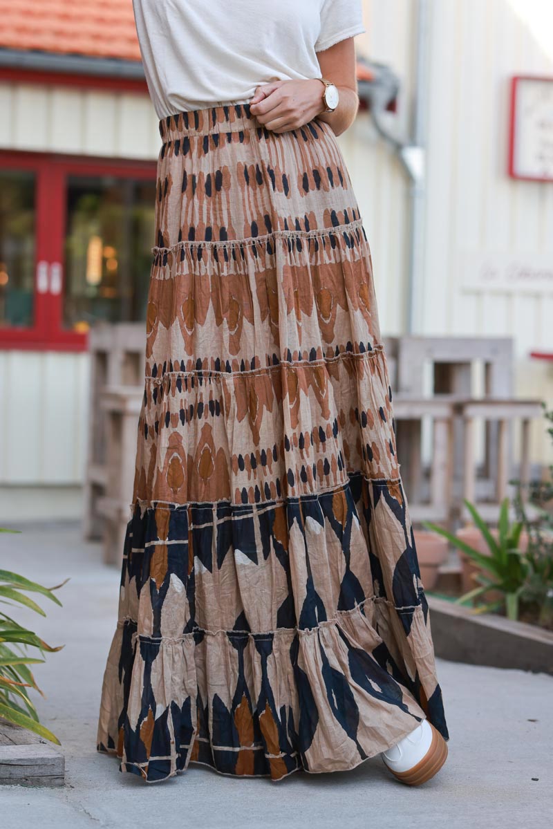 Brown Batik Cotton Maxi Skirt
