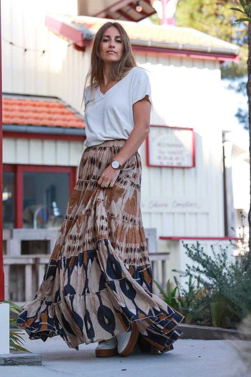 Brown Batik Cotton Maxi Skirt
