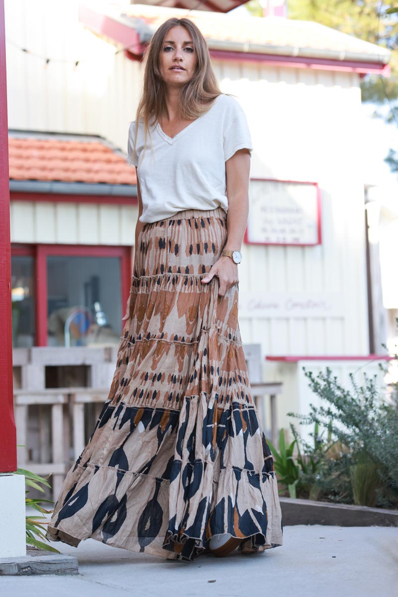 Brown Batik Cotton Maxi Skirt
