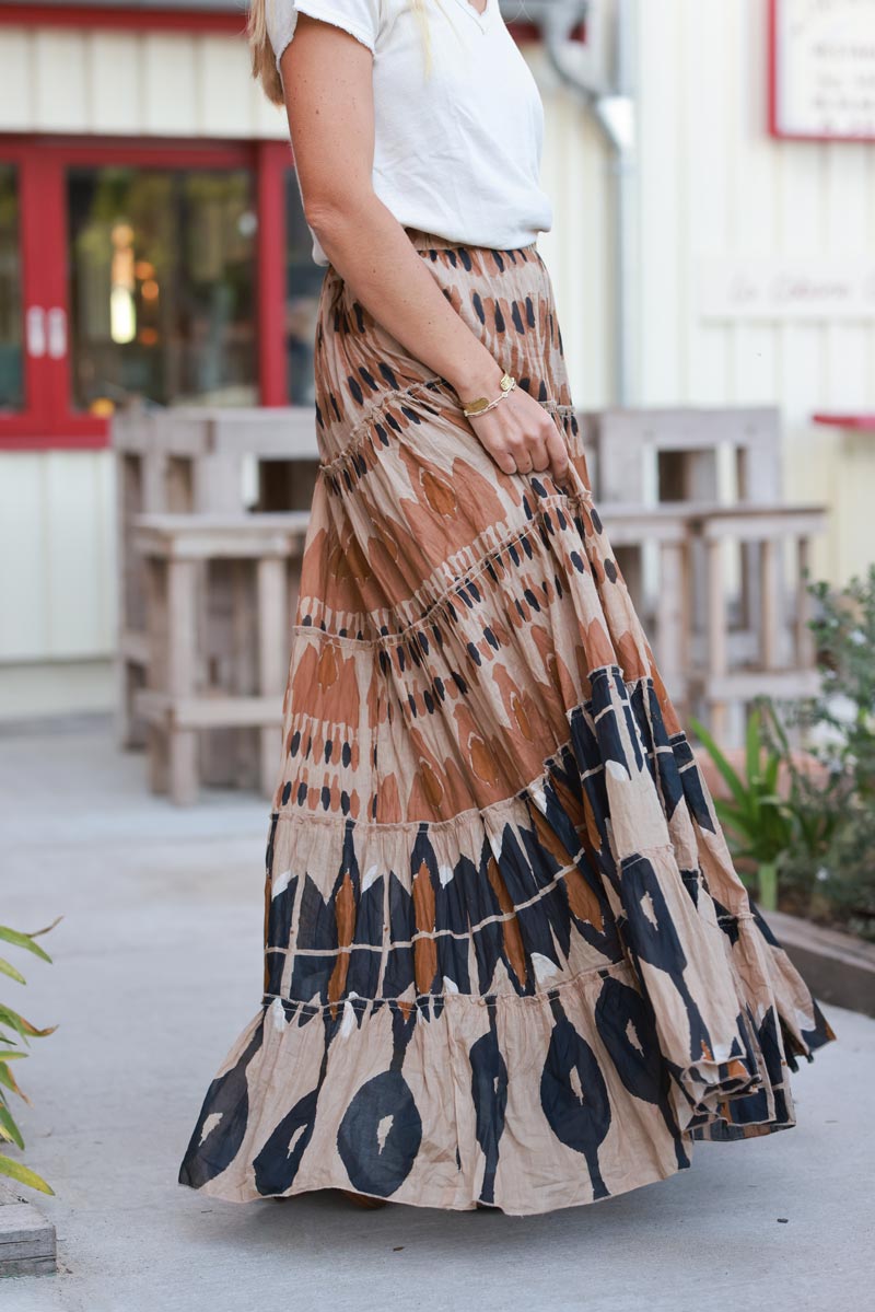 Brown Batik Cotton Maxi Skirt
