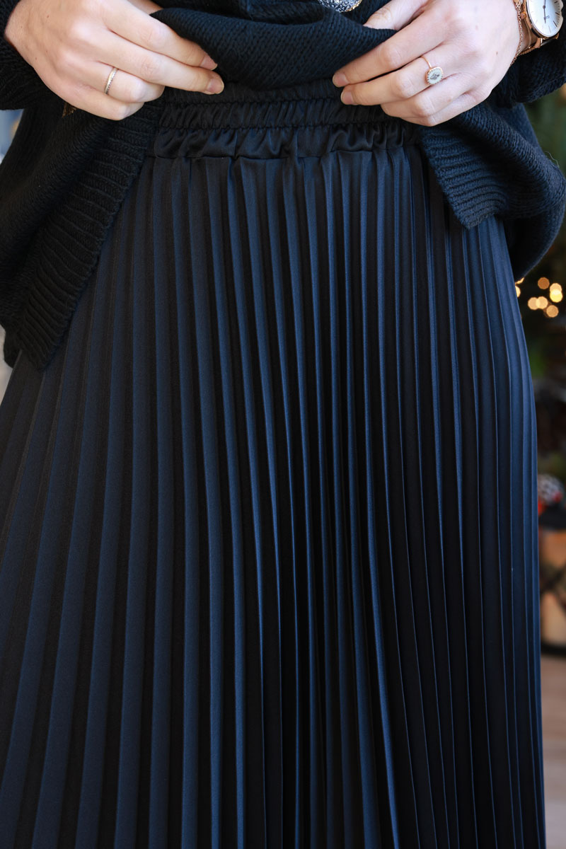 Black Pleated Satin Maxi Skirt