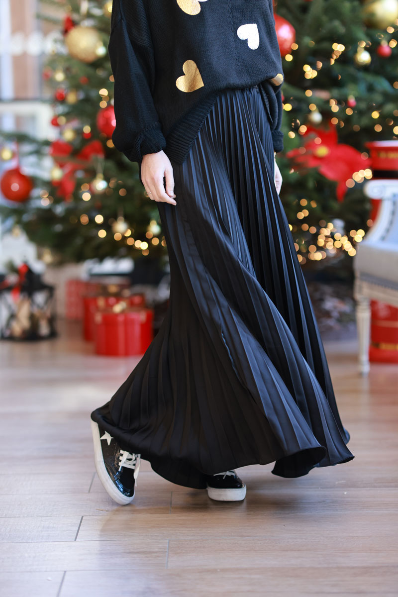 Black Pleated Satin Maxi Skirt