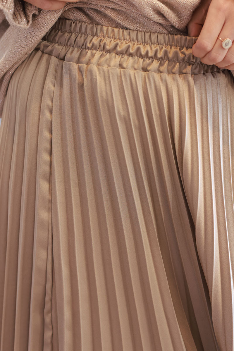 Gold Pleated Satin Maxi Skirt