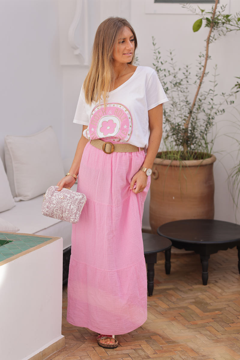Pink crinkle cotton gauze tiered maxi skirt with raphia belt