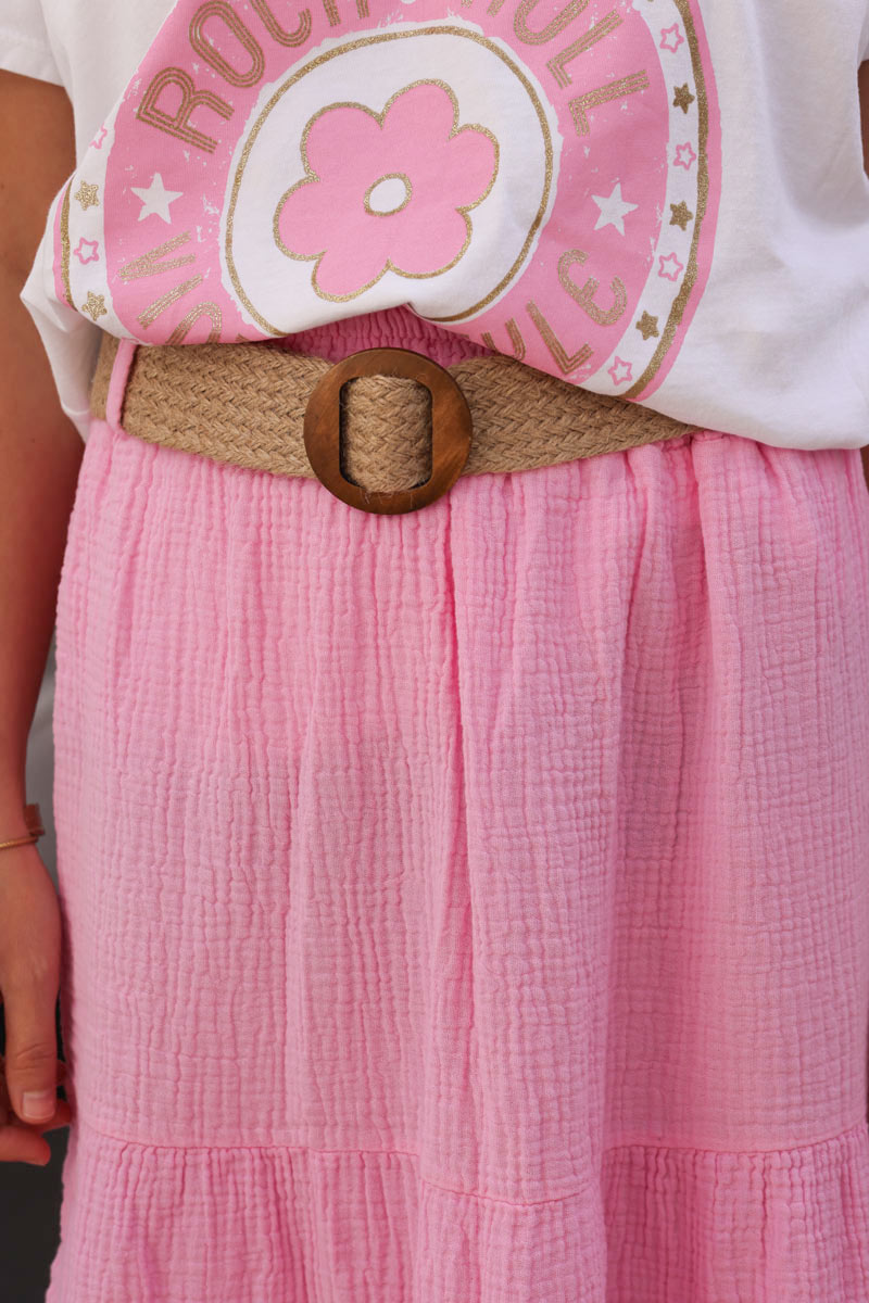 Jupe longue rose en gaze de coton avec ceinture style raphia