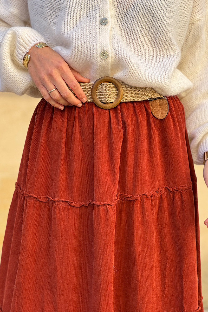 Jupe longue terracotta en velours côtelé fin ceinture élastique